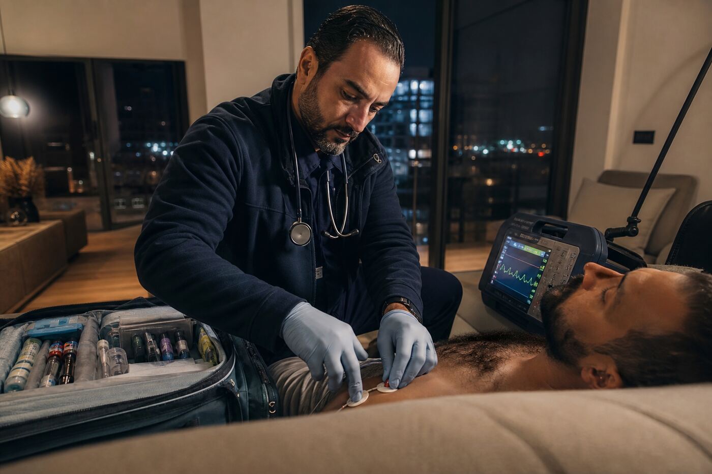Urgentiste réalisant un électrocardiogramme d'urgence au domicile du patient